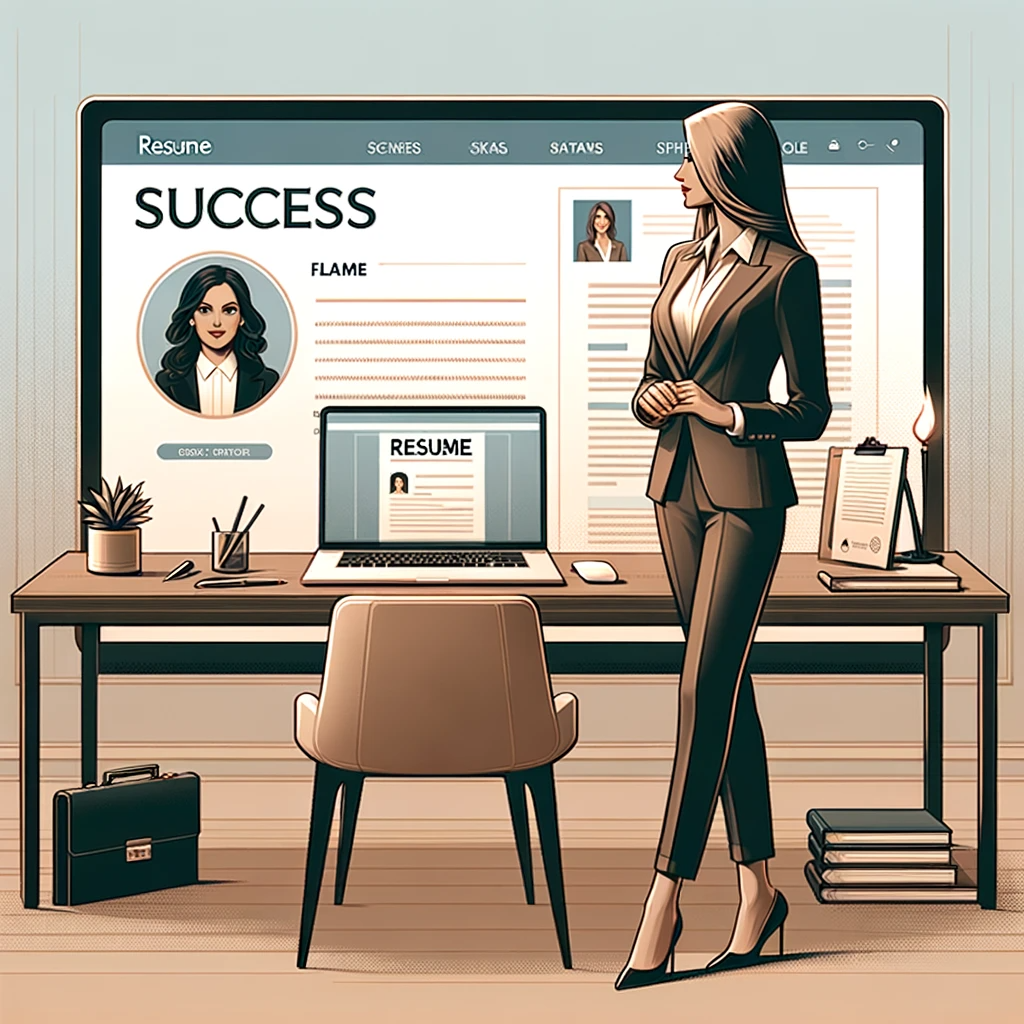 Blog header image featuring a professionally dressed woman standing confidently beside a desk with a resume, cover letter, and an open laptop showing a career change website. The text 'Success Flame' is prominently displayed in an elegant font, set against a sophisticated, clean background, symbolizing professional growth and success.