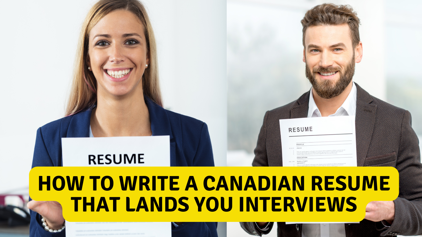 Image showcasing an informative guide titled 'How to Write a Canadian Resume that Lands You Interviews,' featuring a professional-looking resume template with highlighted sections and tips specific to Canadian job market standards.