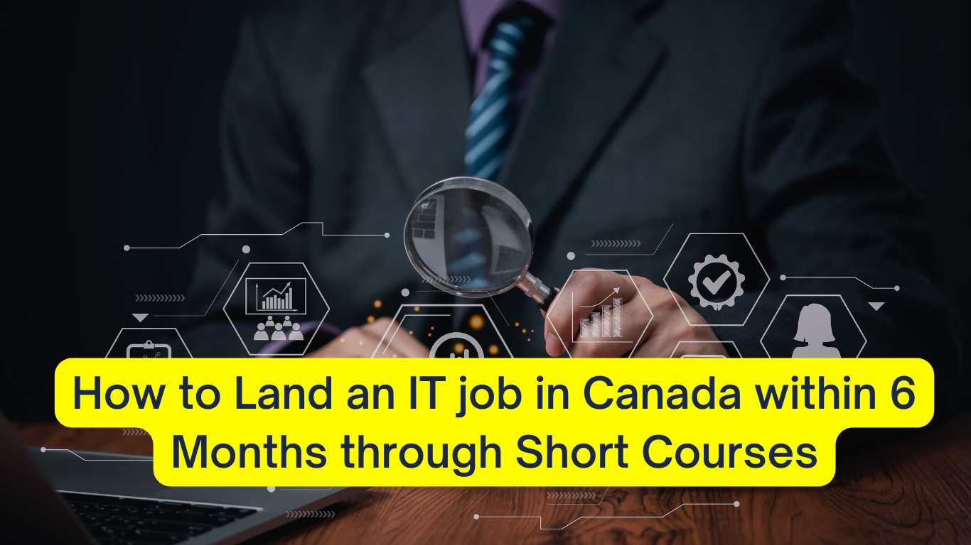 Feature image for the blog post 'How to Land an IT job in Canada within 6 Months through Short Courses' depicting a comparative infographic of average IT salaries in Canada and the US, with icons of currency notes, computer, and national flags, symbolizing the earning potential in the IT sector across these two countries.
