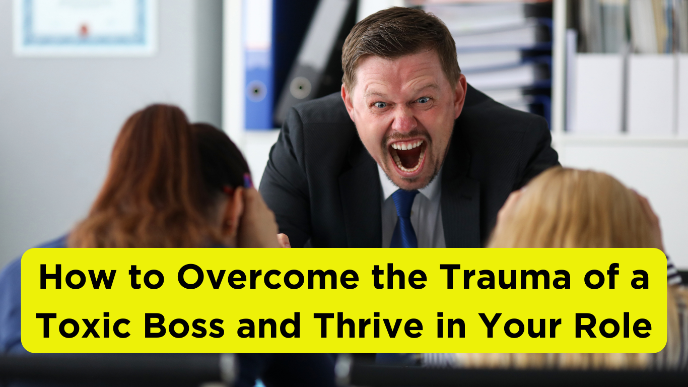 Cover image for the guide 'How to Overcome the Trauma of a Toxic Boss and Thrive in Your Next Role,' featuring a symbolic illustration of a person stepping out from a dark, stormy cloud into a bright, sunlit path, representing the transition from a challenging work environment to a positive and thriving career journey.